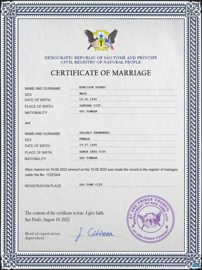 Download Sao Tome and Principe marriage certificate PSD template Photoshop template